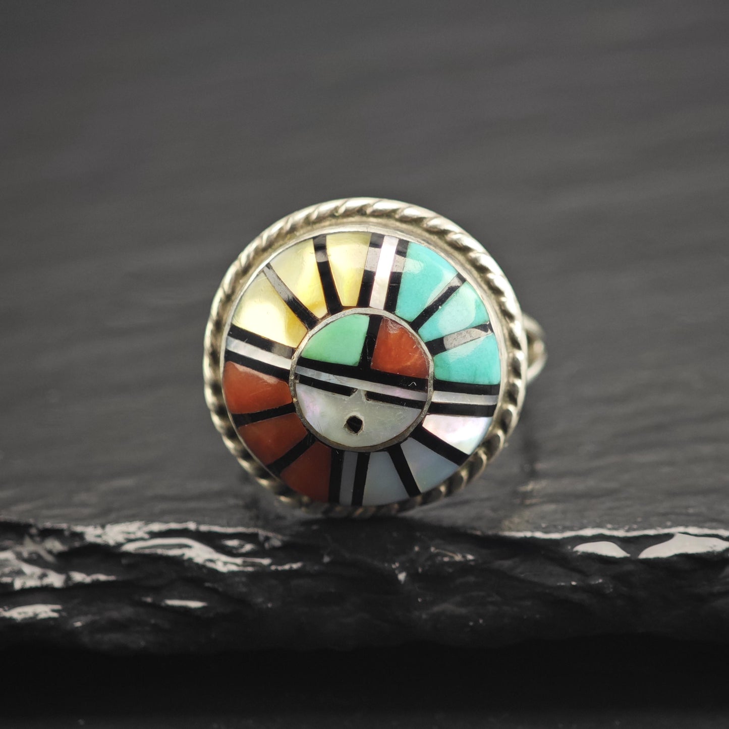 Zuni Inlay Sunface Sterling Silver Ring by Angela Lahty Sz 7 R6671