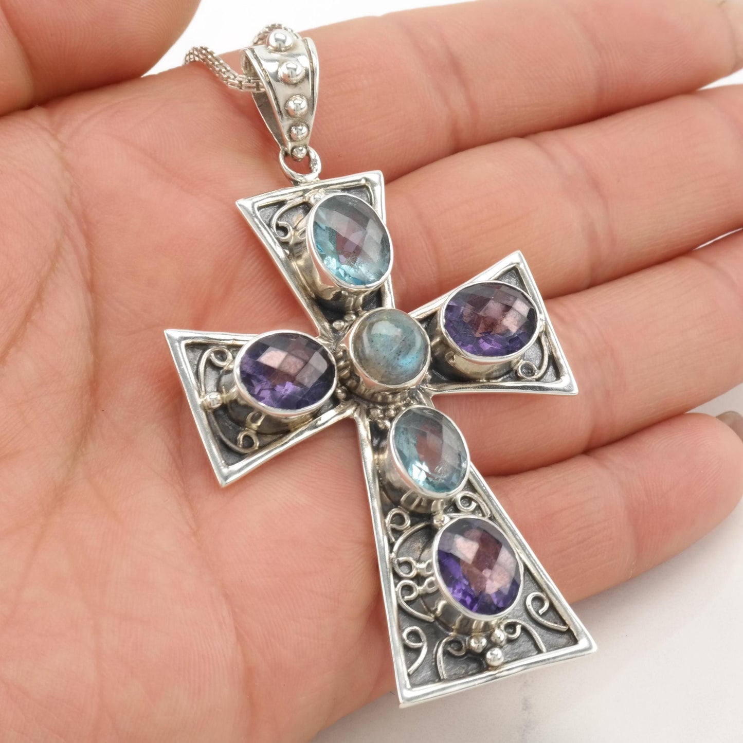 Vintage Nicky Butler Gemstone Sterling Silver Cross Necklace N2410