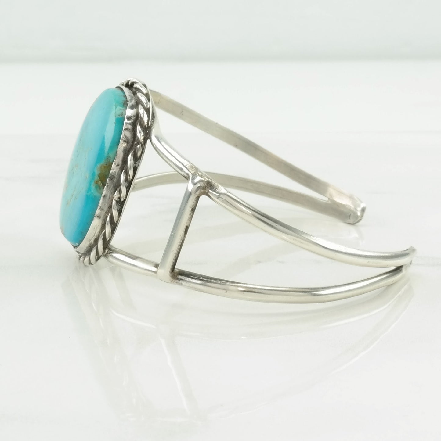 Southwest Sterling Silver Cuff Bracelet Blue Turquoise Rope Detail