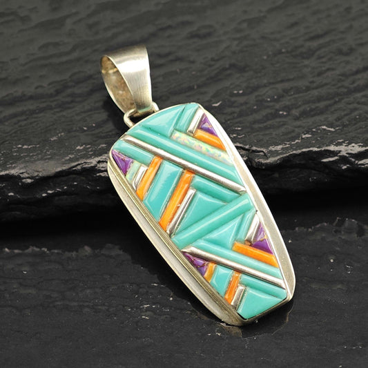 SW Turquoise Multistone Inlay Sterling Silver Pendant P3146