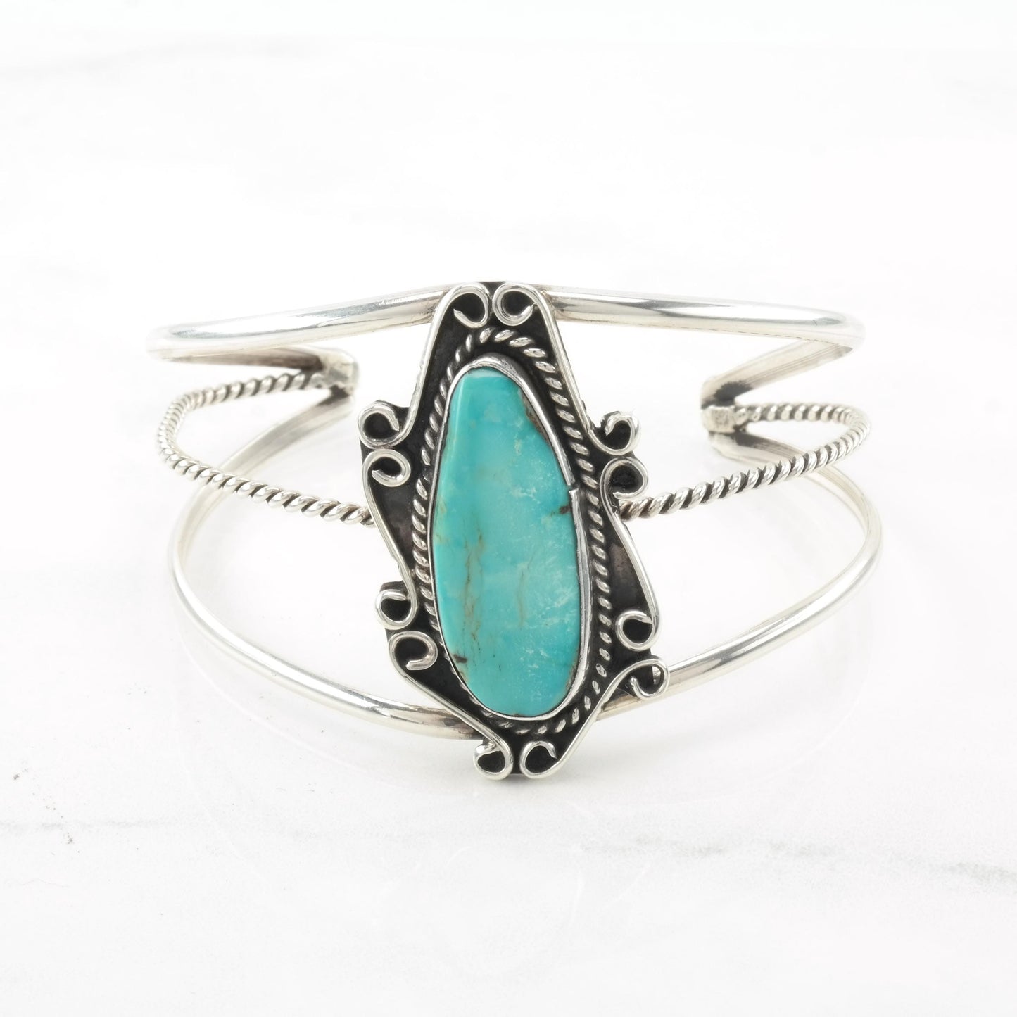 Native American Blue Turquoise, Shadow Box Sterling Silver Cuff Bracelet