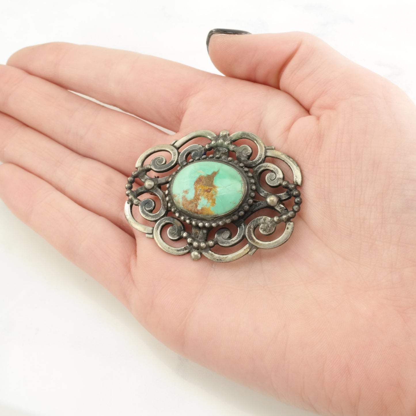 Vintage Hand Wrought Sterling Silver Brooch Scroll Green Turquoise