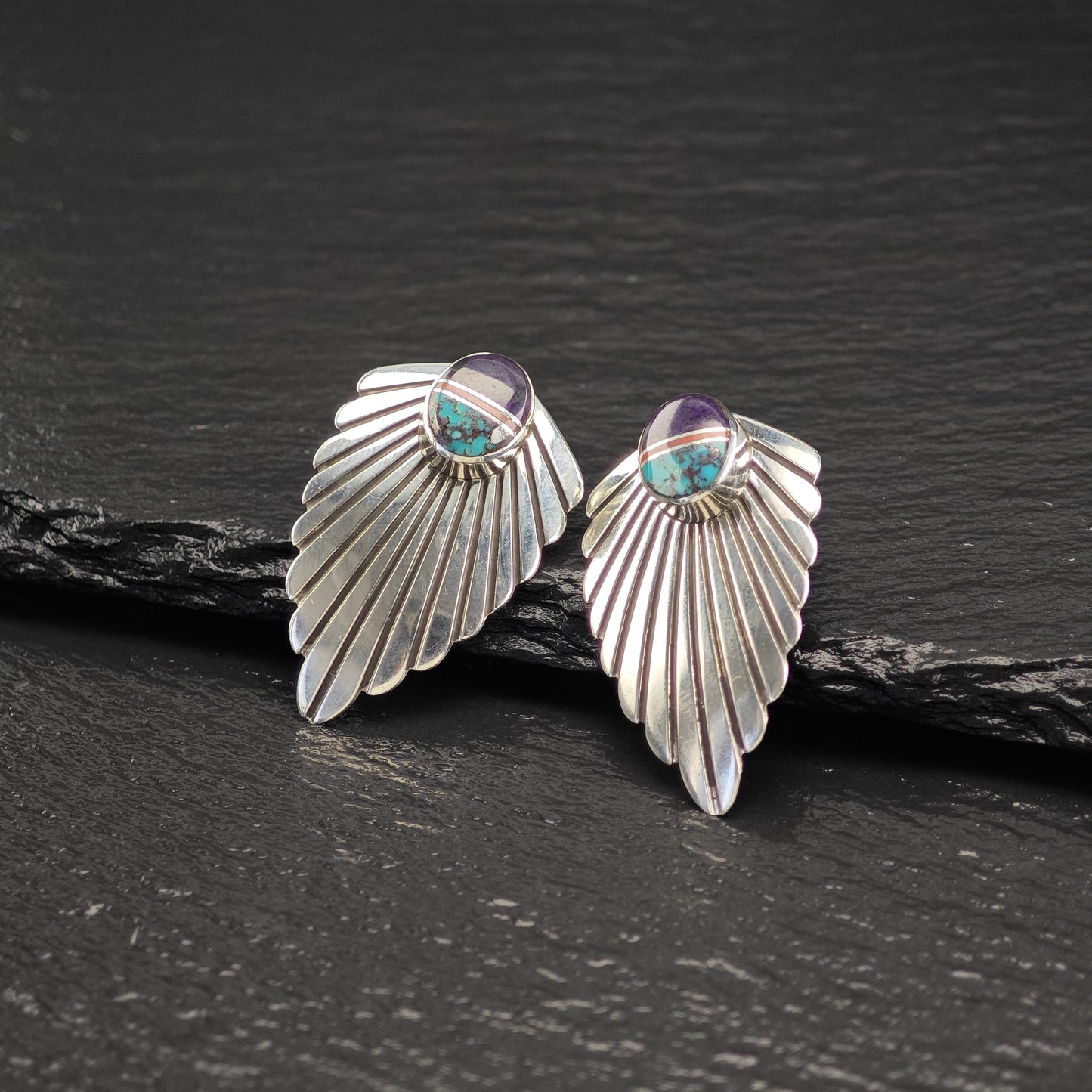 Native American Turquoise, Coral, Sugilite Wings Stud Earrings Sterling Silver