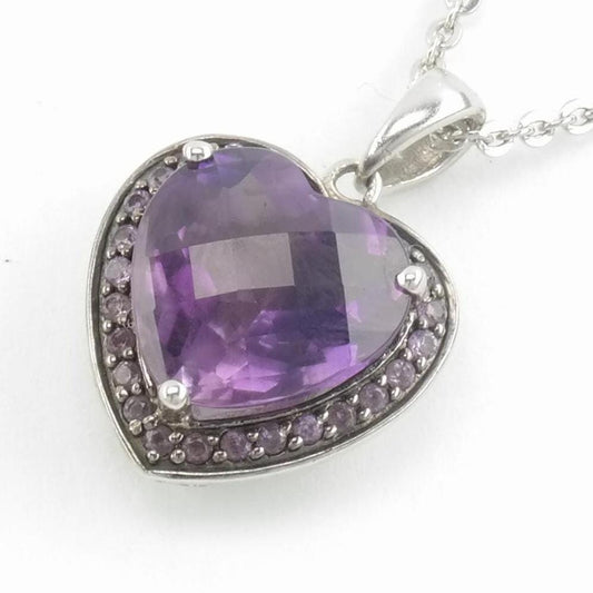 Vintage Sterling Silver Purple Amethyst Heart, Checkerboard Cut Necklace