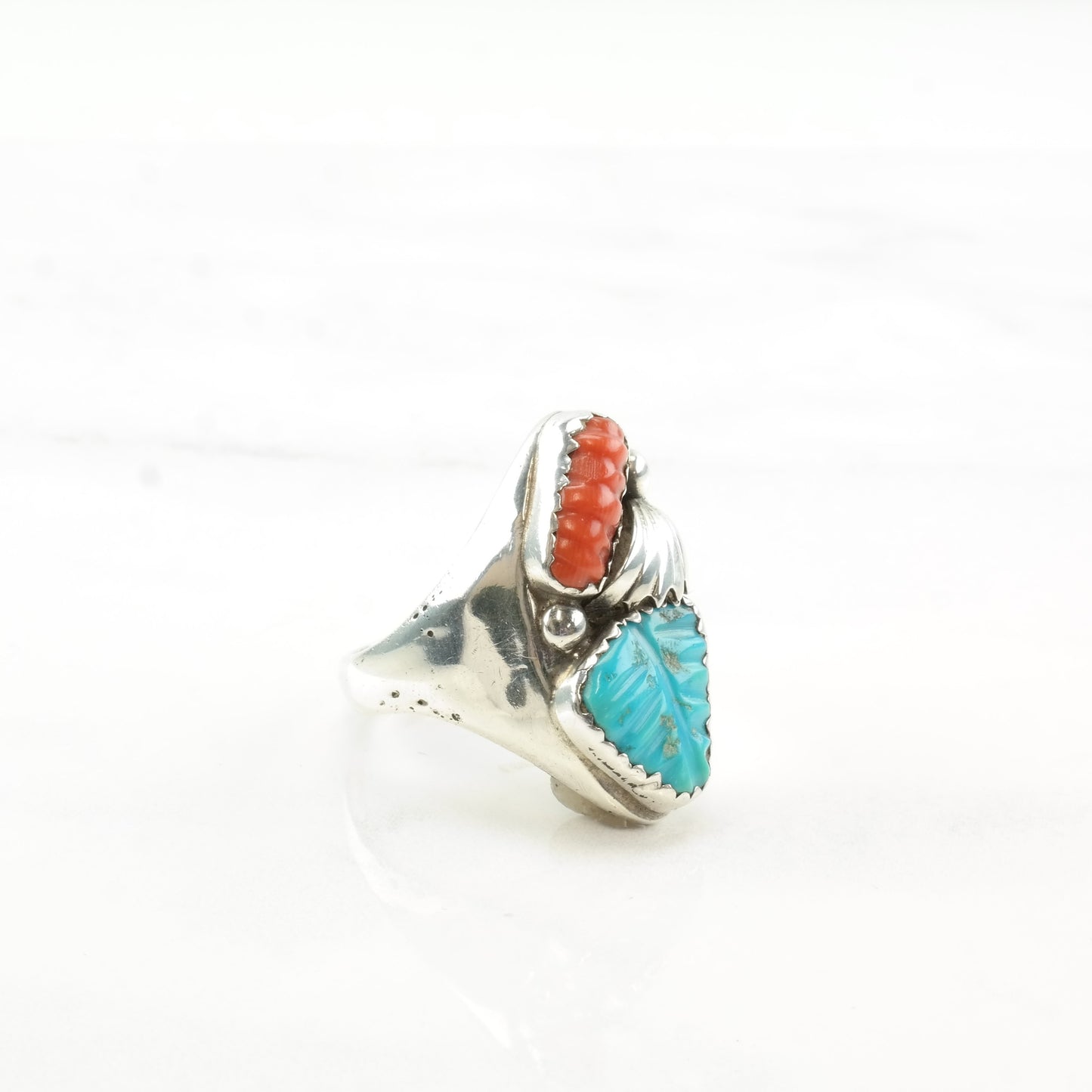 Loyolita Tsattie Zuni Silver Ring Turquoise Coral Carved Leaf Sterling Size 9 1/4