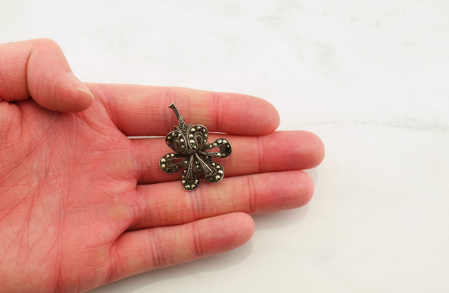 Antique Marcasite Orchid Silver Brooch Sterling