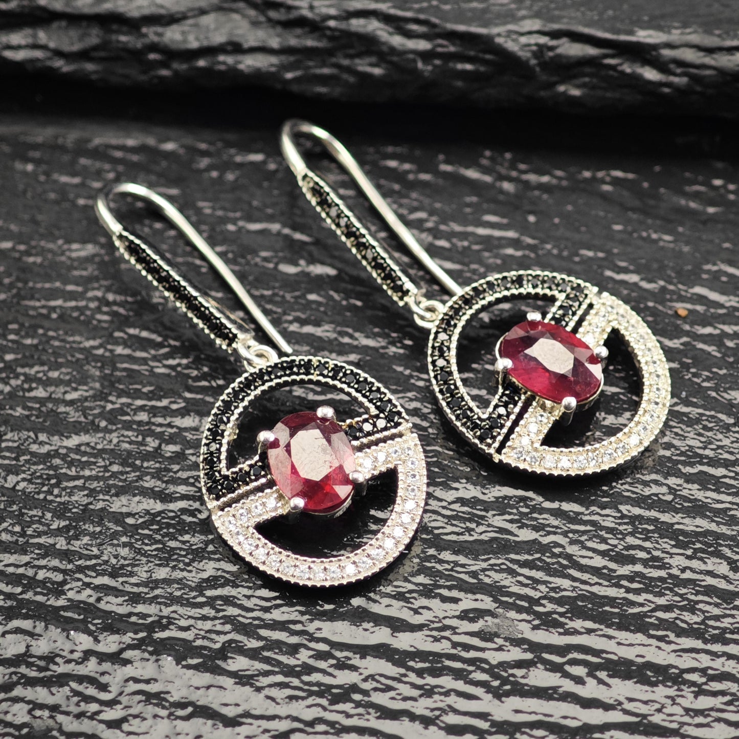 Glass Filled Ruby Spinel Dangle Hook Sterling Silver Earrings ER3109