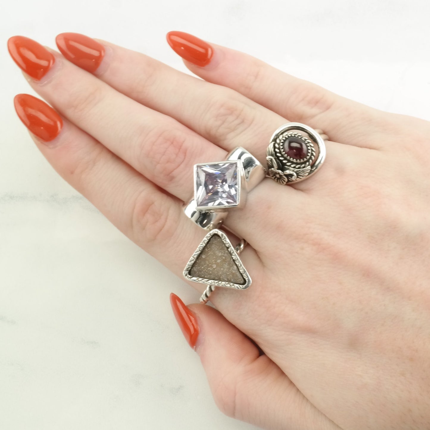 Sterling Silver Ring Druzy Quartz Triangle Size 8