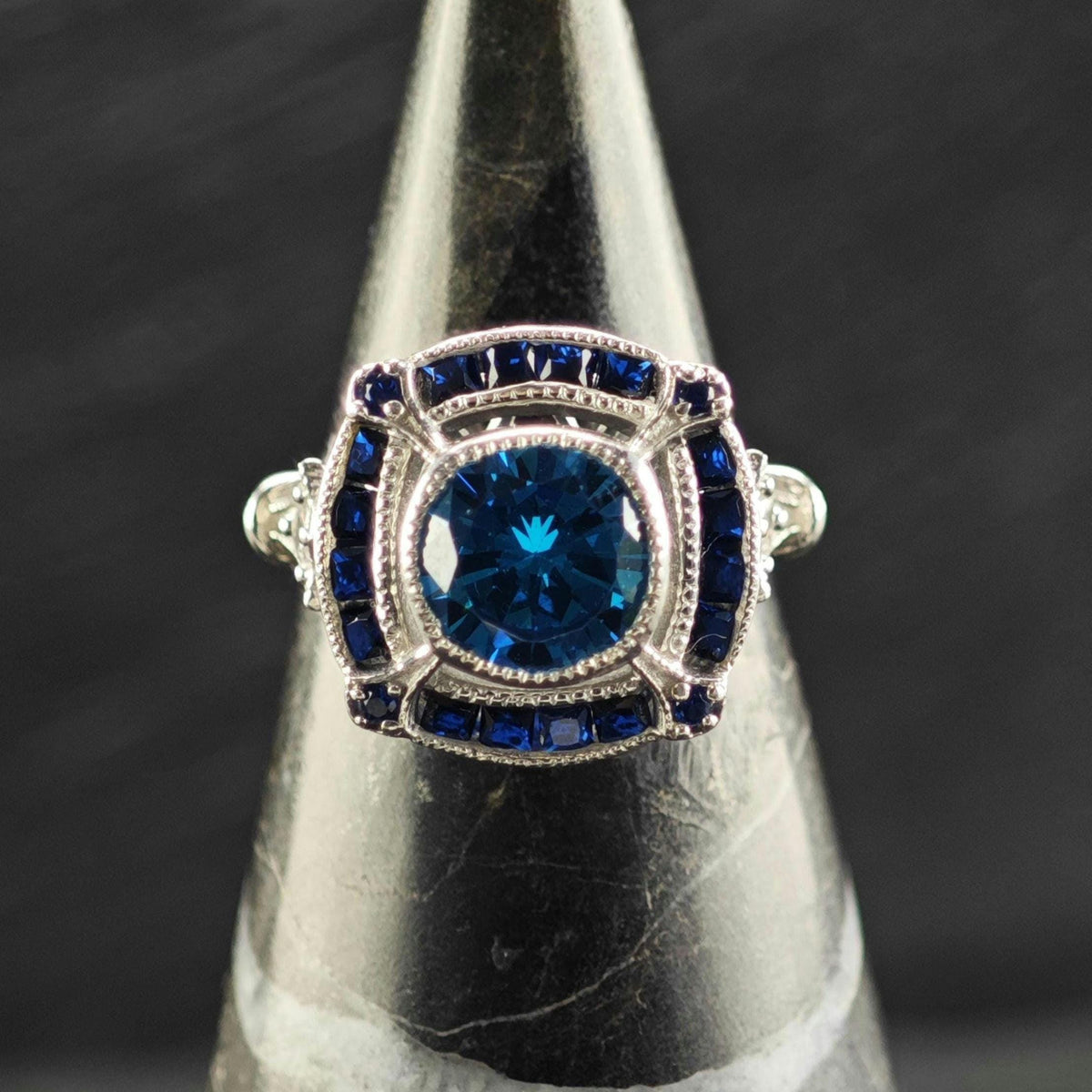Art Deco Style Blue Gemstone Sterling Silver Ring Sz 5 R6818