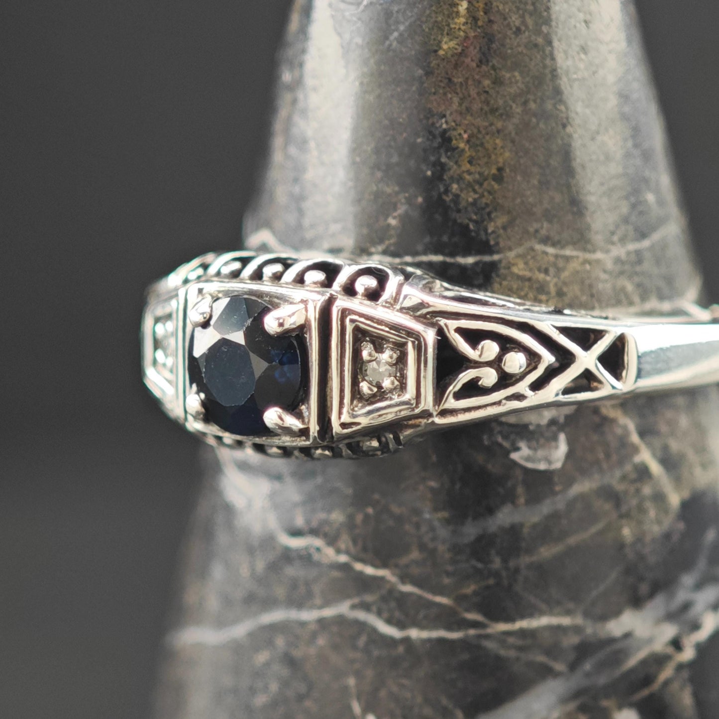 Natural Sapphire Diamond Ring Sterling Silver