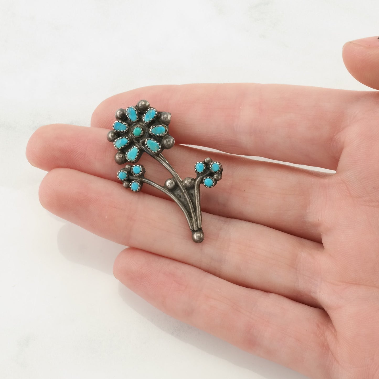 Vintage Zuni Brooch Sterling Silver Flower Blue Turquoise Petite Point