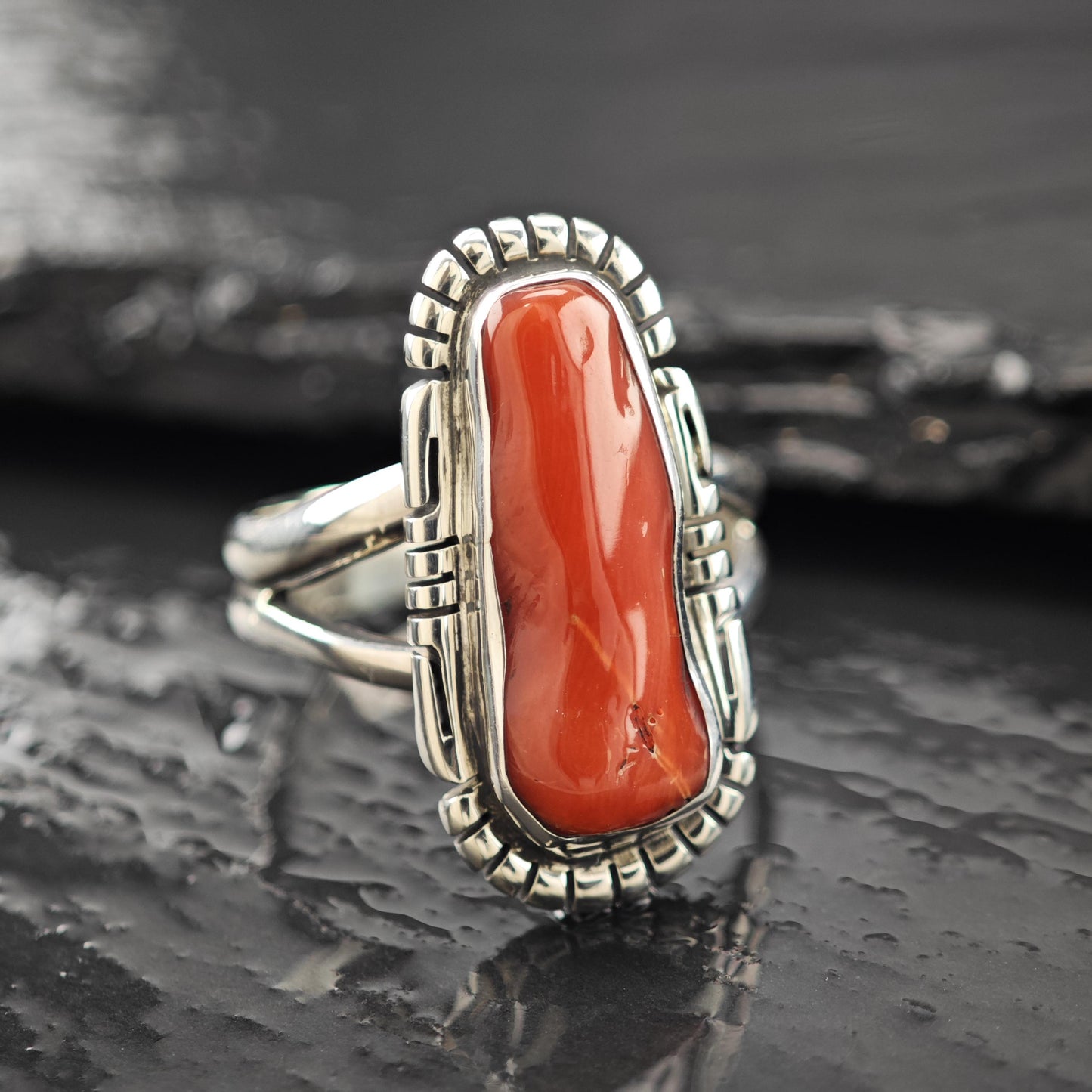 Native American Long Coral Ring Sterling Silver Size 9