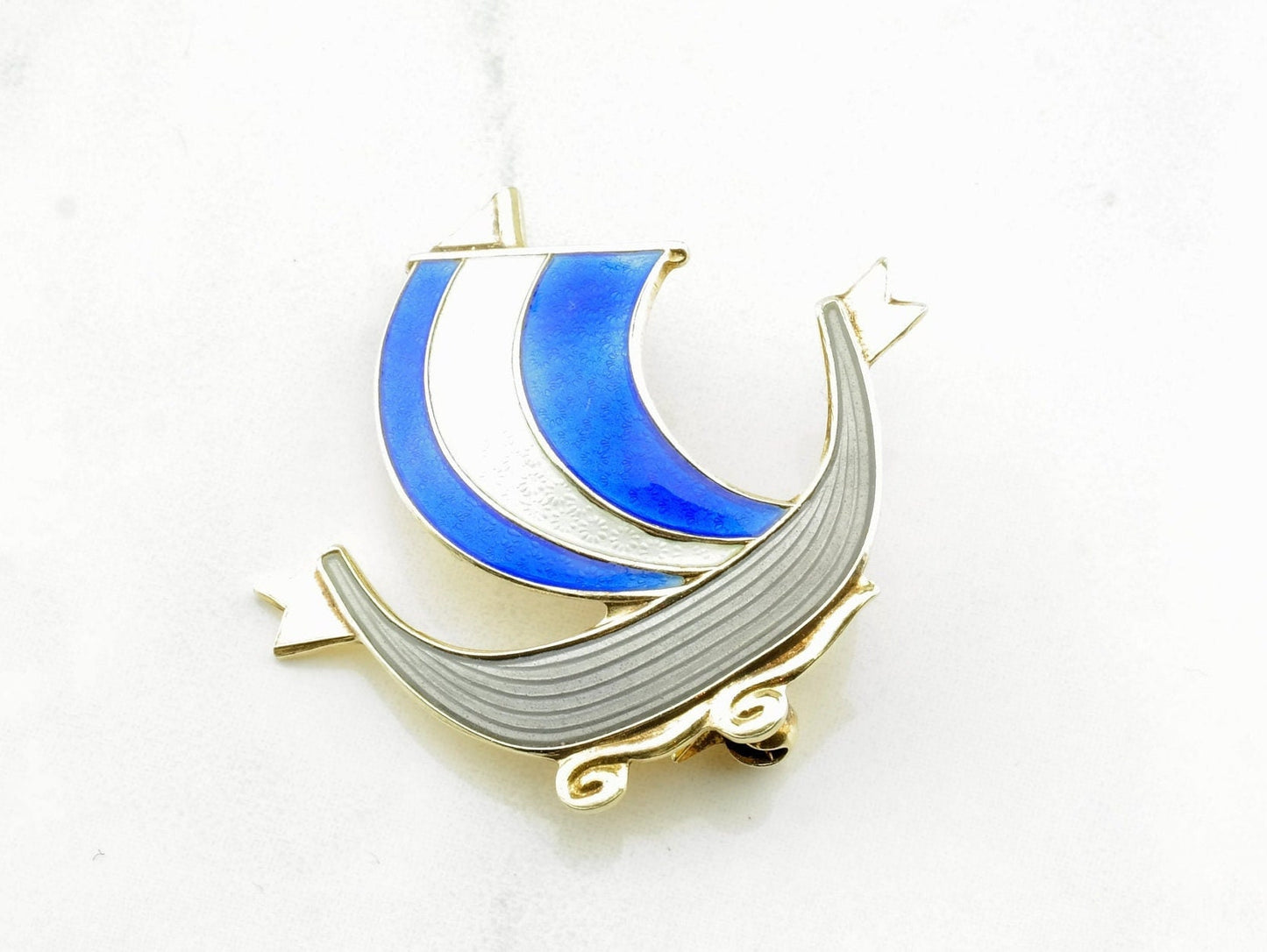Norwegian Silver and Gold Plated Enamel Viking ship Brooch