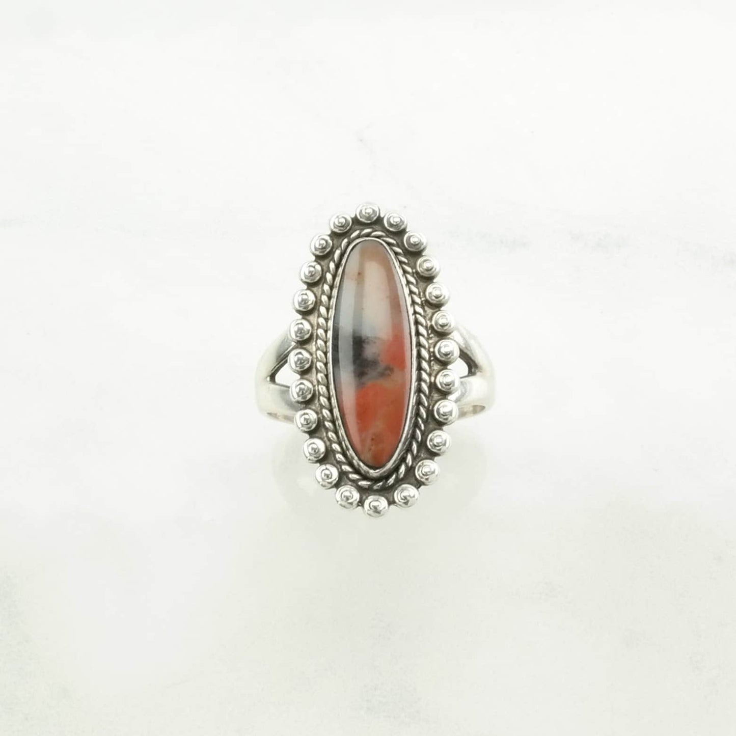 Native American Silver Ring Petrified Wood Navette Sterling Orange Size 6 1/2