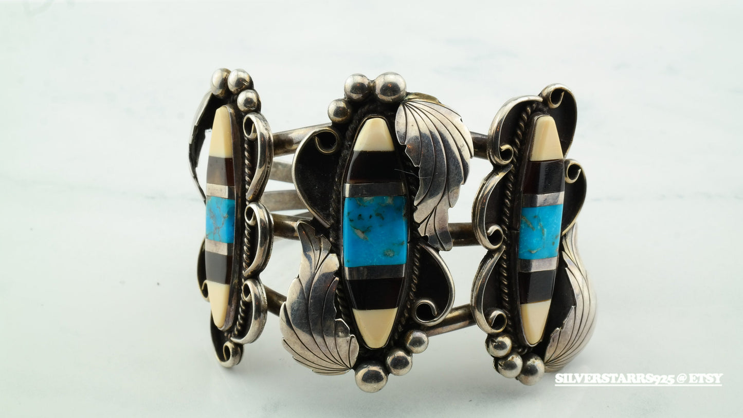 Native American 1970 Sterling Silver Inlay Cuff Bracelet Turquoise & Gemstone