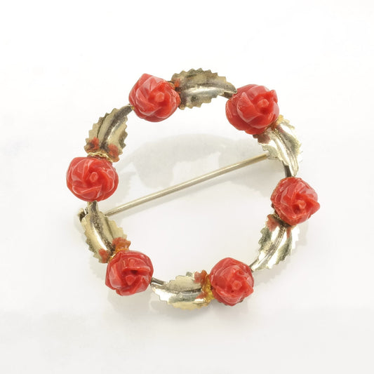 Silver Brooch Gold Tone Carved Coral Flower Sterling