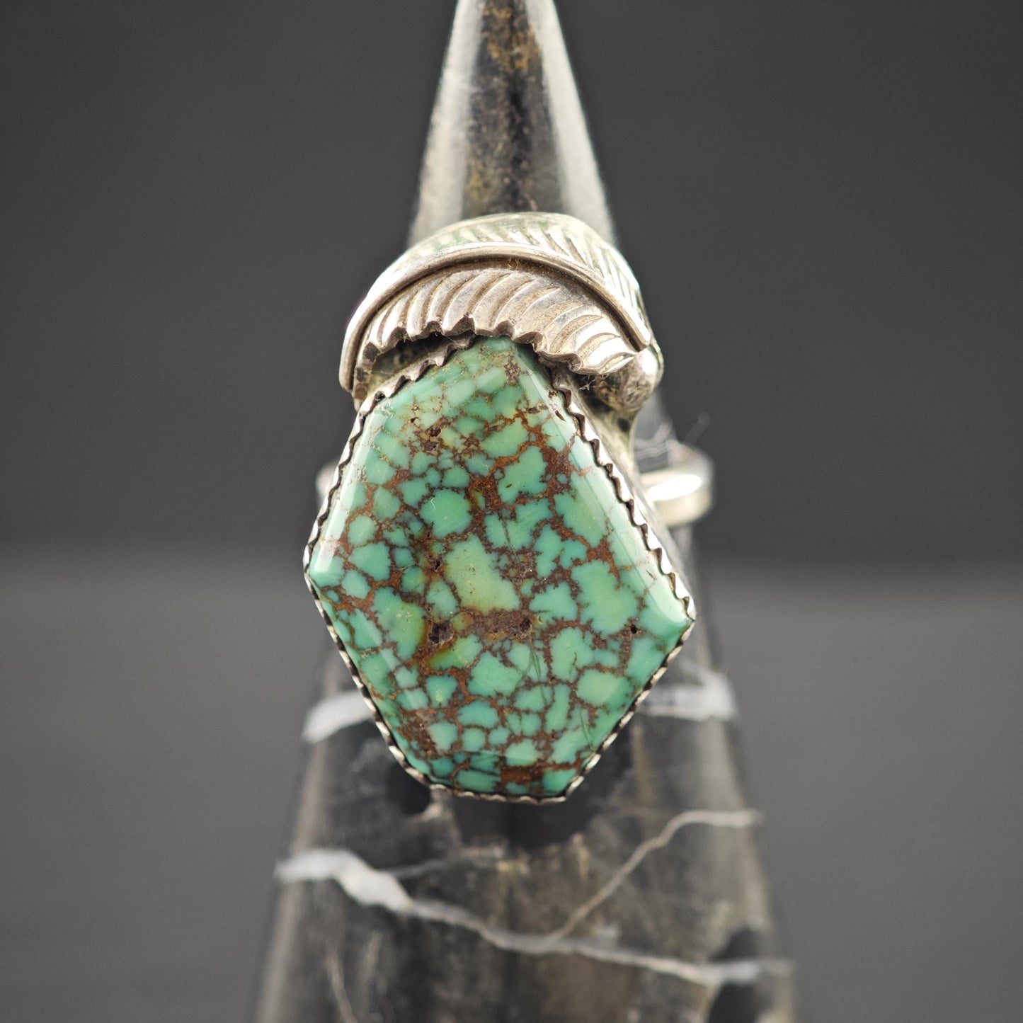 Native American Spiderweb Green Turquoise Ring Sterling Silver Sz 6