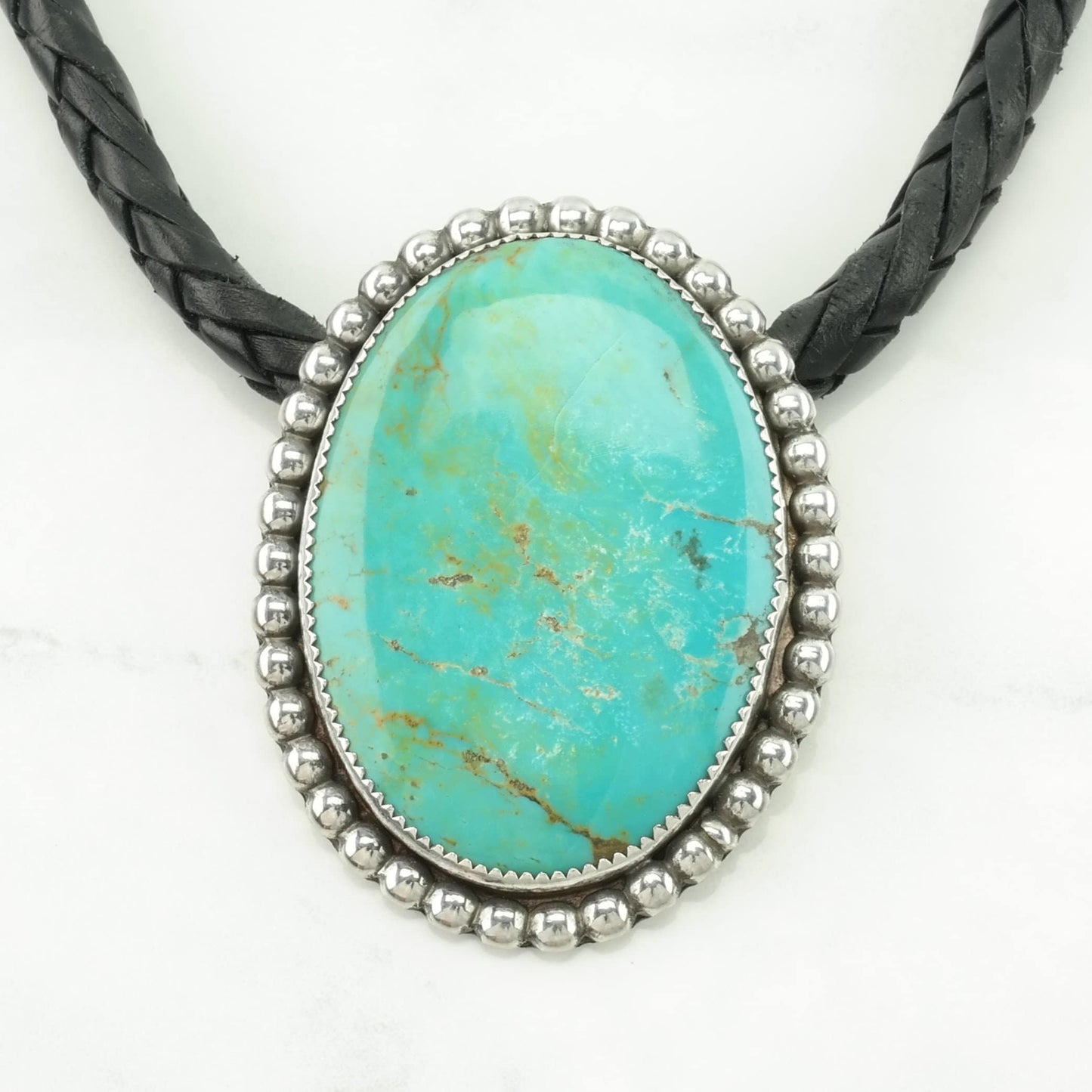 Southwest Sterling Silver Blue Turquoise Leather Cord Necklace