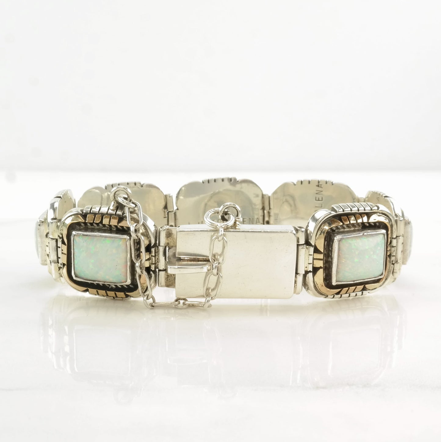 Navajo Sterling Silver Link Bracelet Lab Opal Two Tone