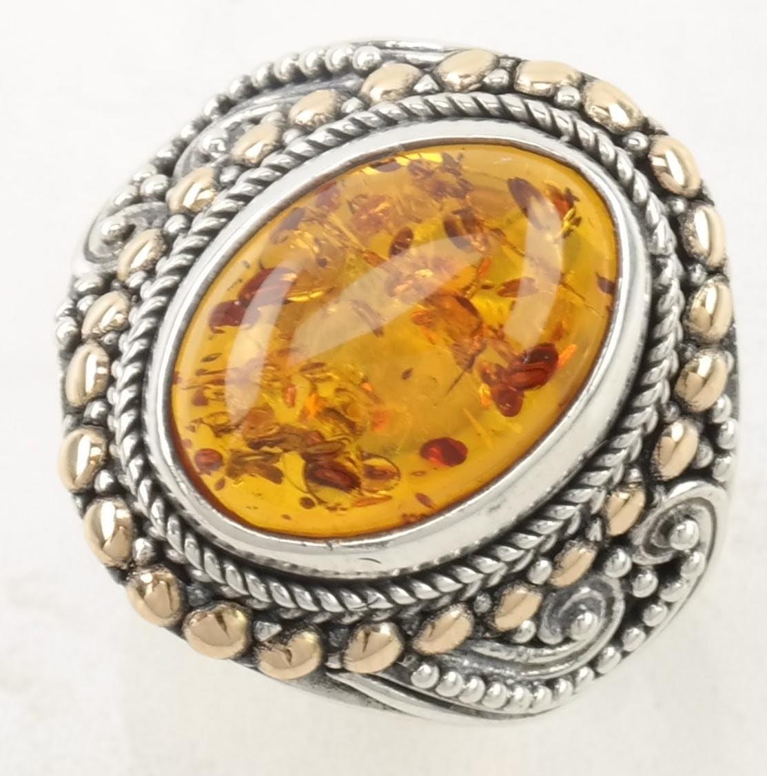 Vintage Robert Manse Sterling Silver Ring Amber 18K Gold Size 7