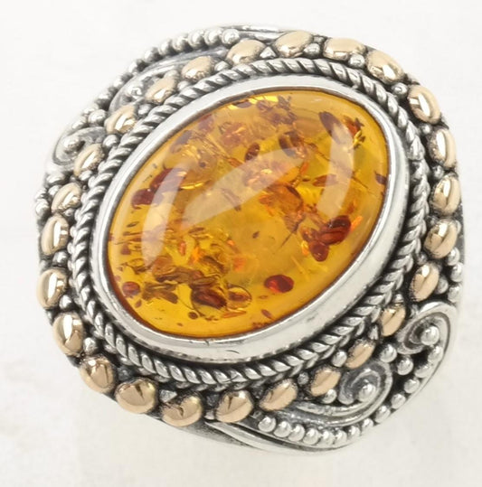 Vintage Robert Manse Sterling Silver Ring Amber 18K Gold Size 7