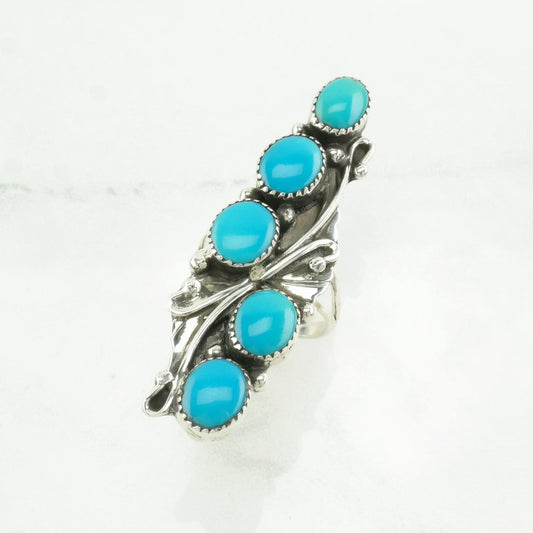 Southwest Silver Ring Block Turquoise Floral Sterling Blue Size 7 1/4