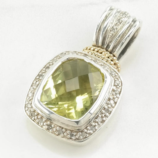 Vintage Lefkowitz and Edelstein Prasiolite, Diamond 14K gold accents Sterling Silver Pendant