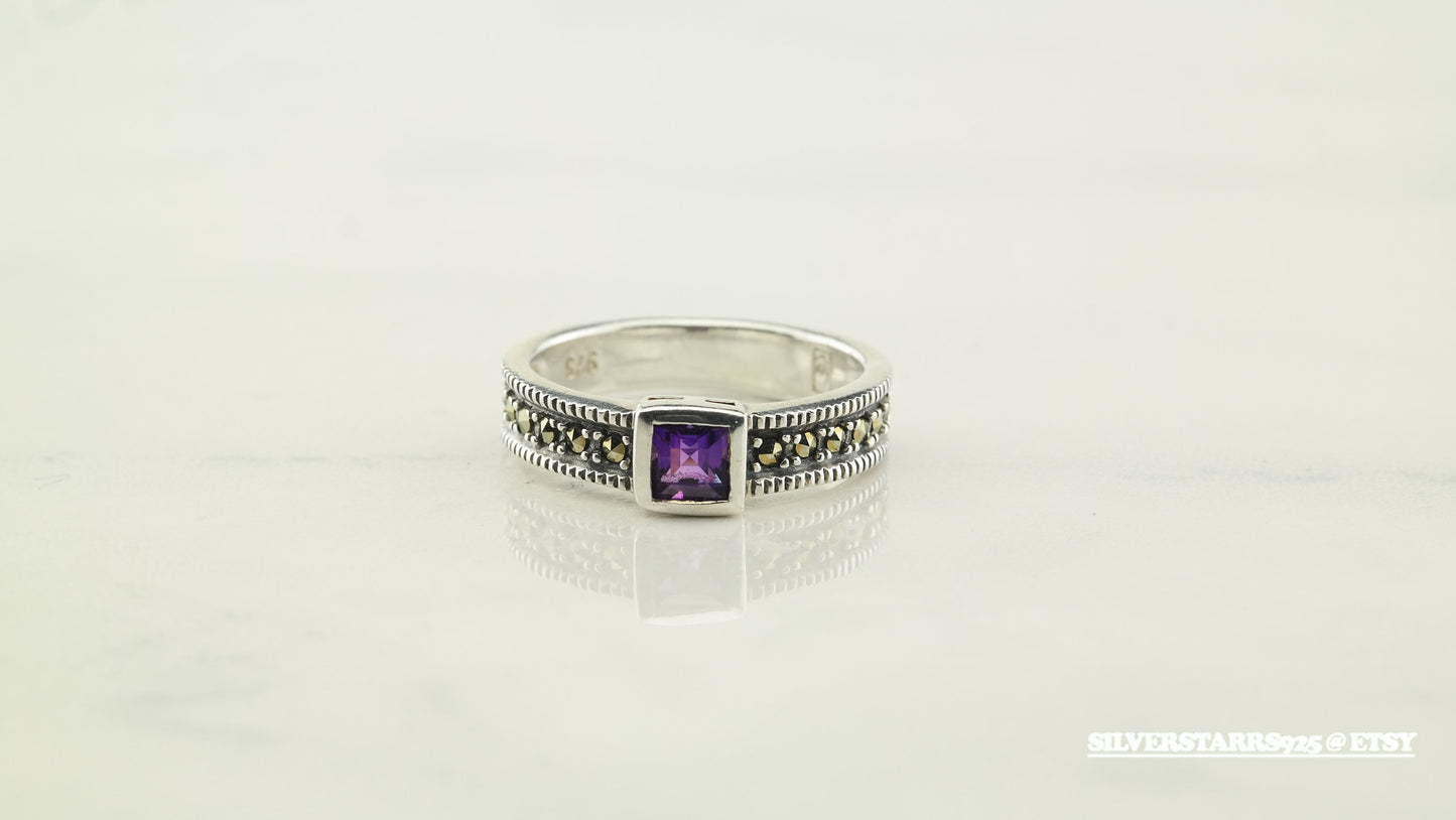 Vintage Stackable Silver Ring Amethyst Marcasite Sterling Purple Size 6.5