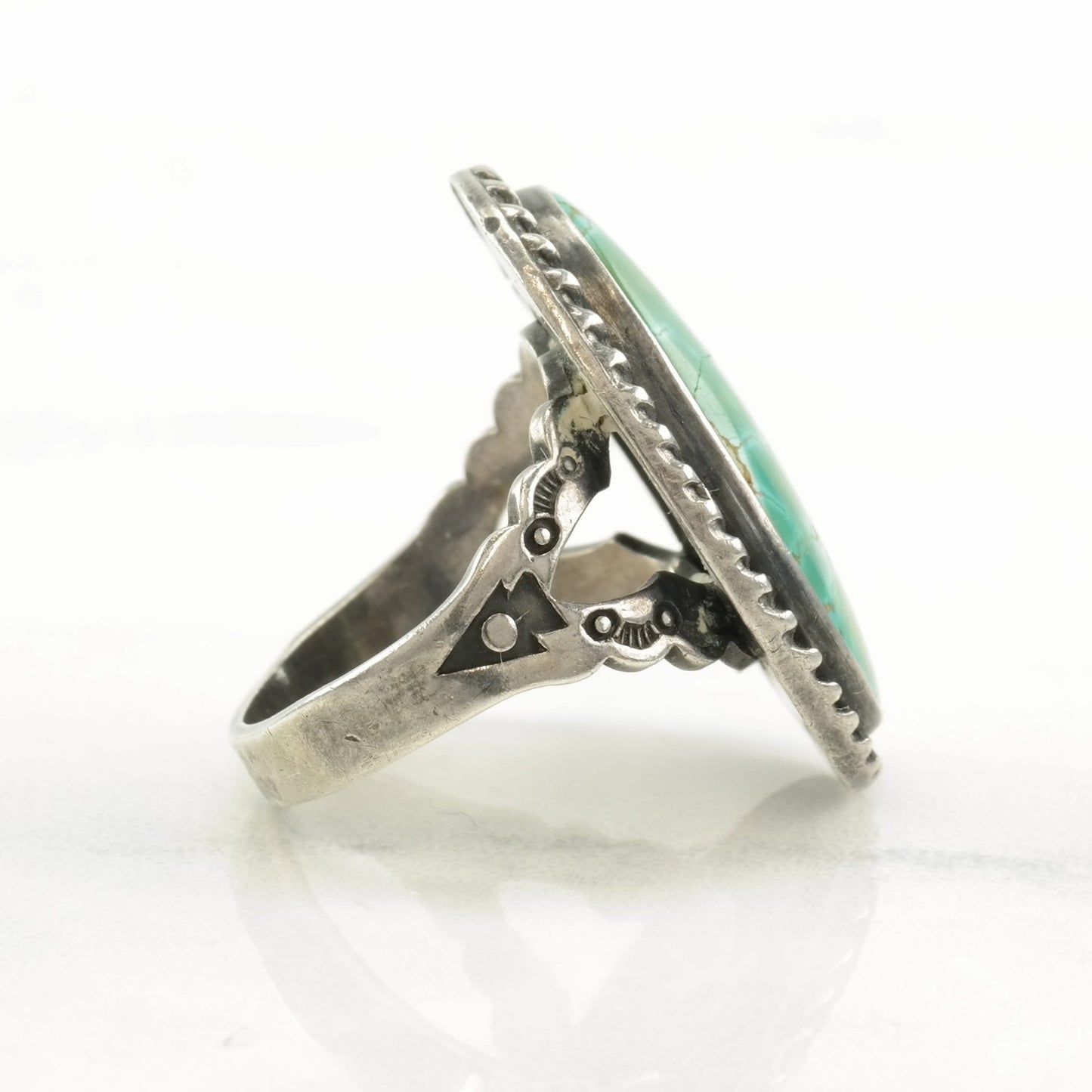 OOAK, Native American Silver Ring Spiderweb Turquoise Stamped Sterling Size 7 1/2