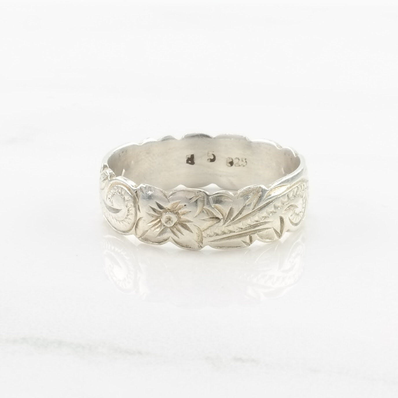 Sterling Silver Ring Engraved Floral, Western, Band Size 8 3/4