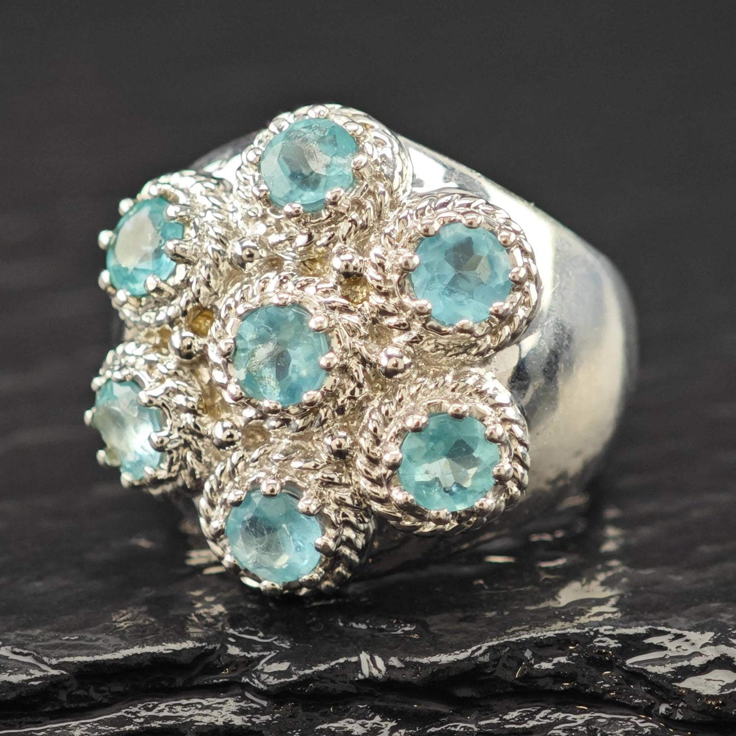 Blue Gemstone Floral Ring Sterling Silver Sz 7 R6148