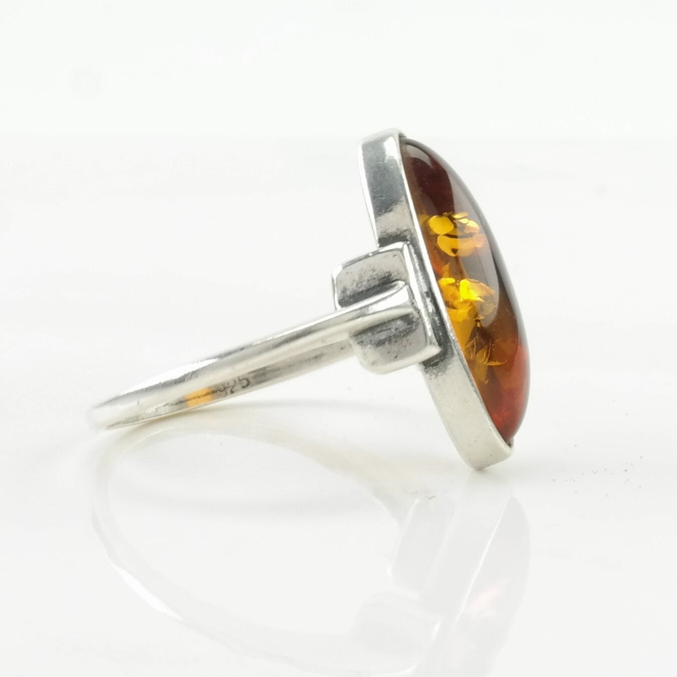 Navette Amber Silver Ring Sterling Orange