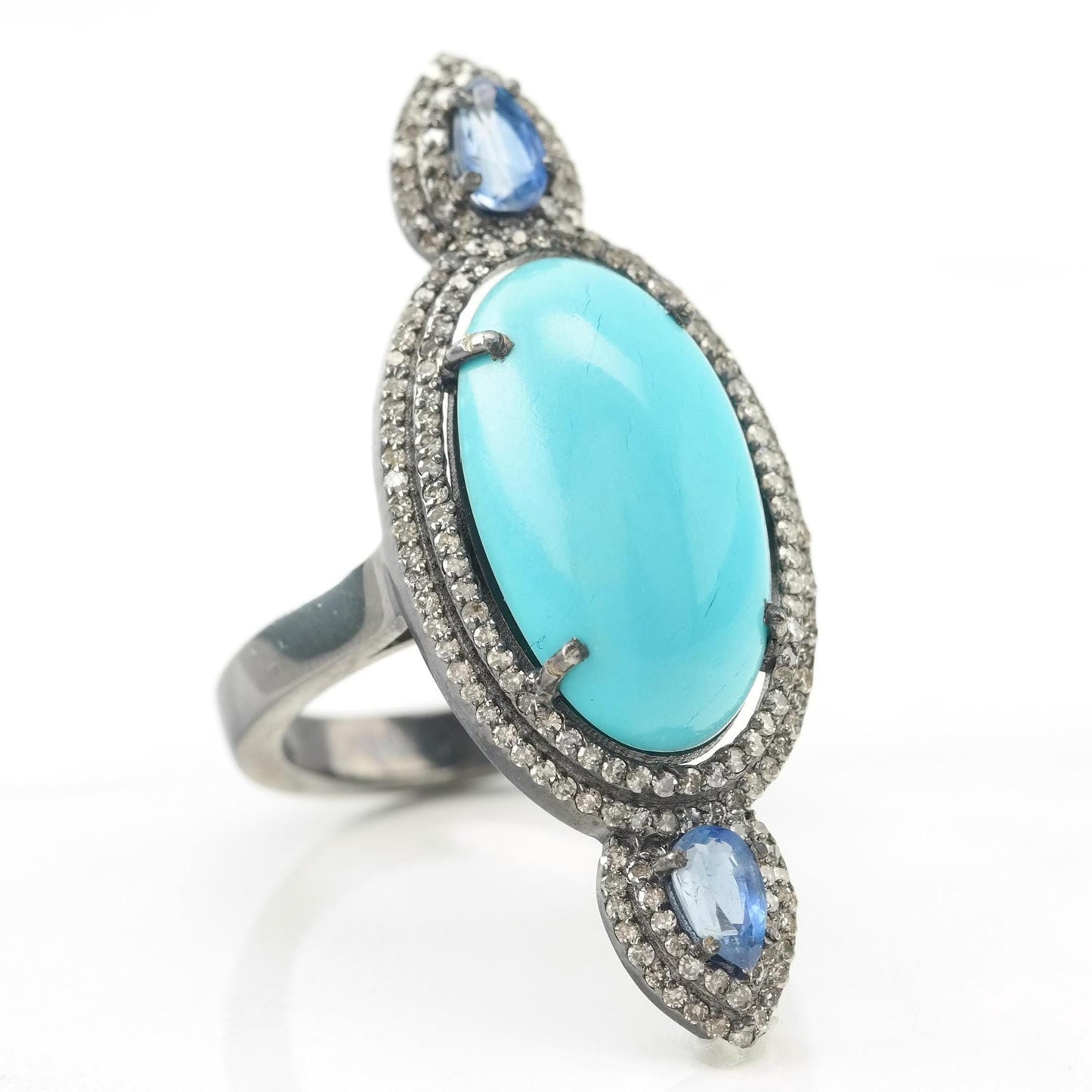 Oxidized Silver Sapphire Diamond Ring Block Turquoise Sterling Sz7 R5476