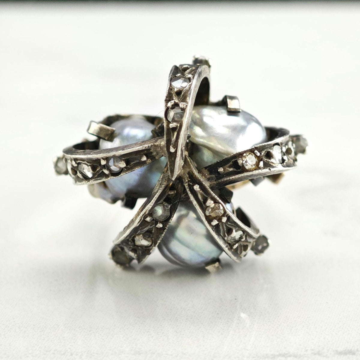Mid-Century Rosecut Diamond, Pearl 10K Gold & Silver Ring Sz 6 R6775