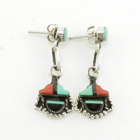 Native American Sterling Silver Turquoise, Coral, Jet Inlay Earrings Stud/Dangle