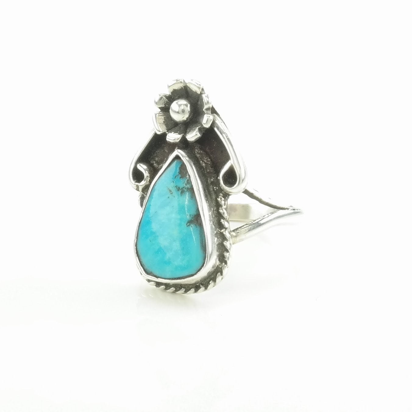 Sterling Silver Ring Turquoise Floral Blue Size 5 3/4