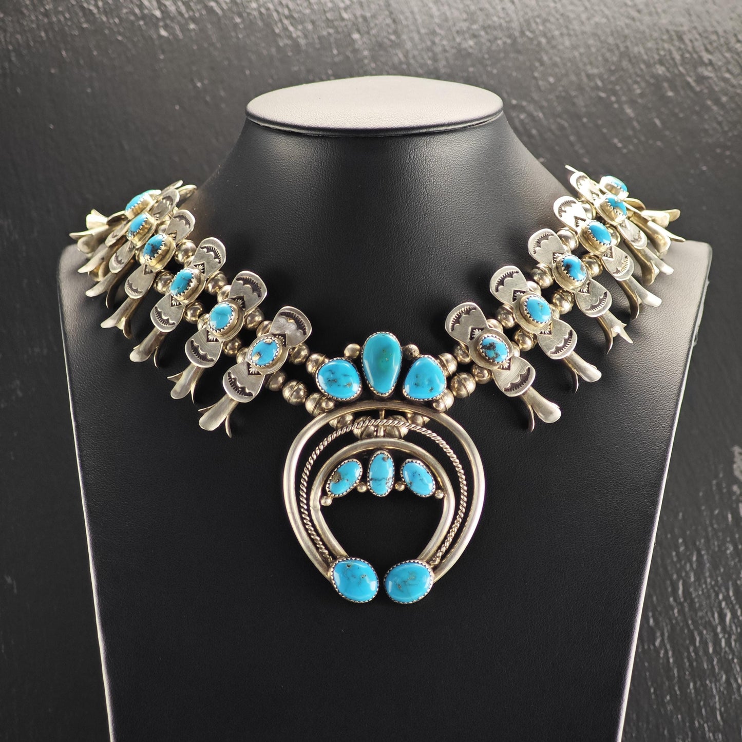 Vintage Navajo, Native American Turquoise Sterling Silver Squash Blossom Necklace N2766