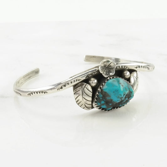 Vintage Southwest Sterling Silver Cuff Bracelet Blue Turquoise Floral