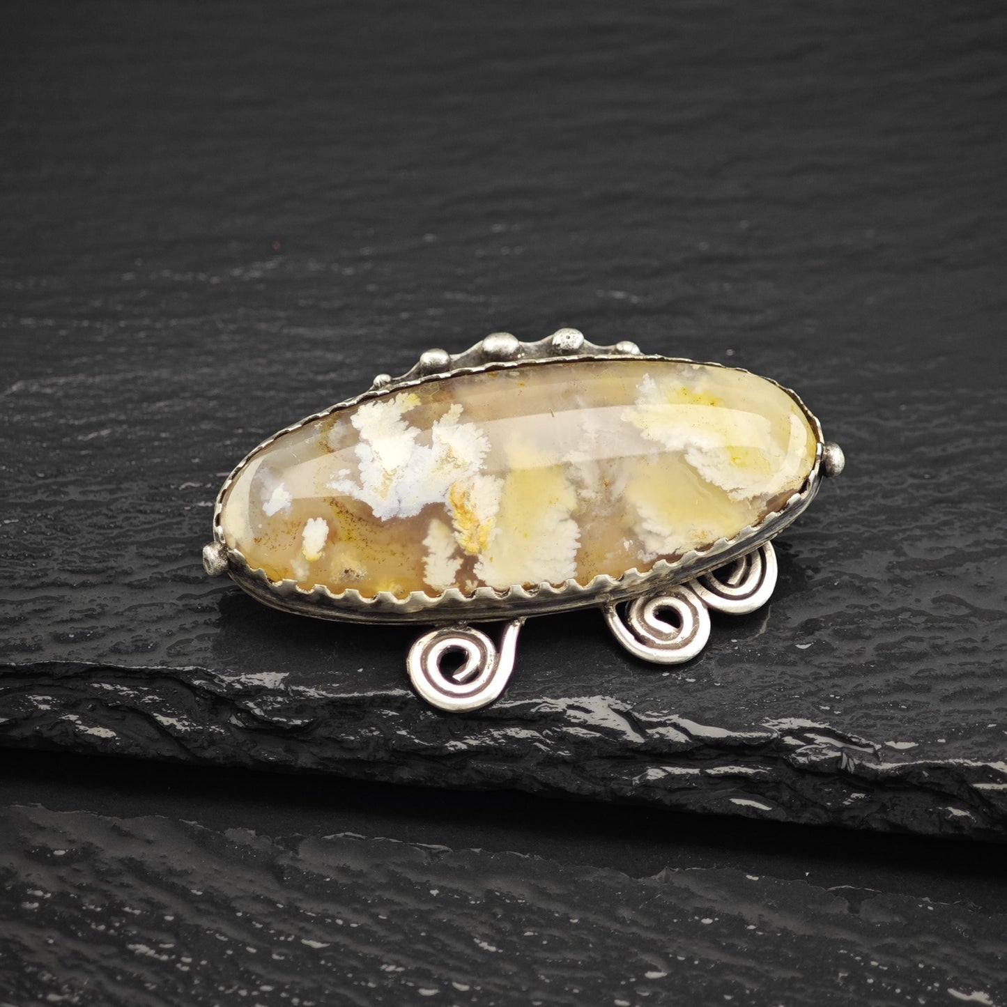 Vintage Brown Oval, Moss Agate Sterling Silver Brooch
