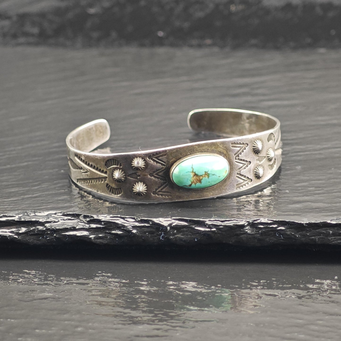 Fred Harvey Era Blue Gem Turquoise Stamped Sterling Silver Cuff Sz 6 1/4" BR3116