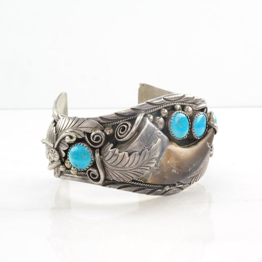 Native American Sterling Silver Cuff Bracelet Blue Turquoise Feather