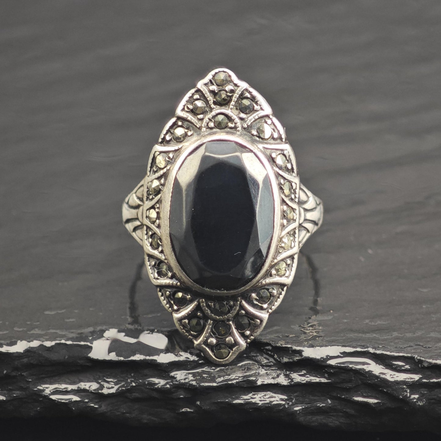 Art Deco Hematite Marcasite Sterling Silver Ring Sz 7 R6676