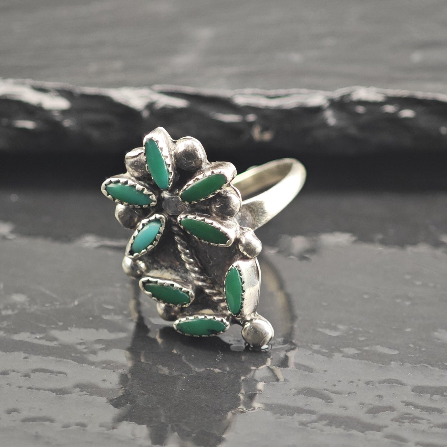 AS IS Petit Point Turquoise Flower Sterling Silver Ring Sz 7 R6666