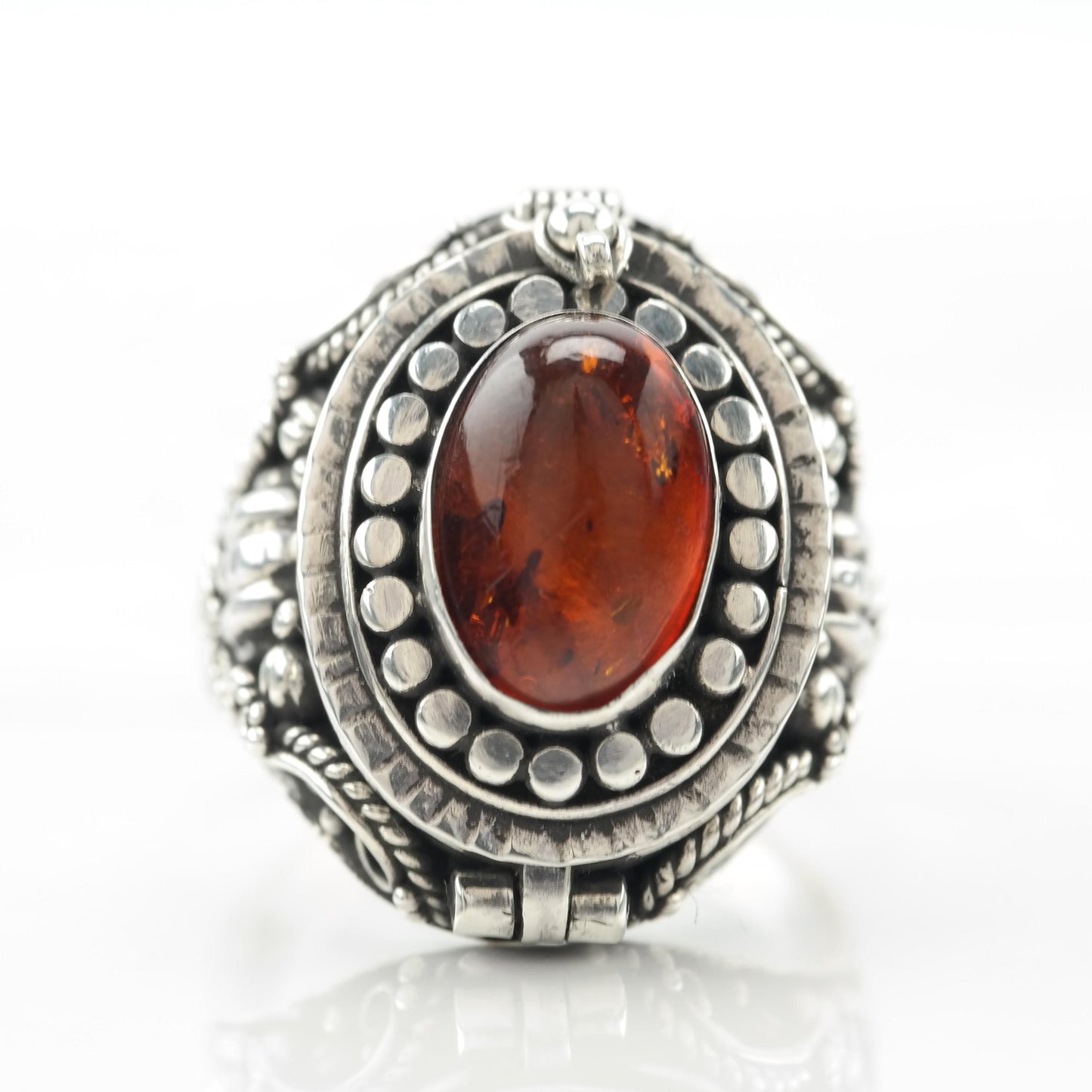 Vintage Amber Poison Ring, Sterling Silver Size 7 1/4