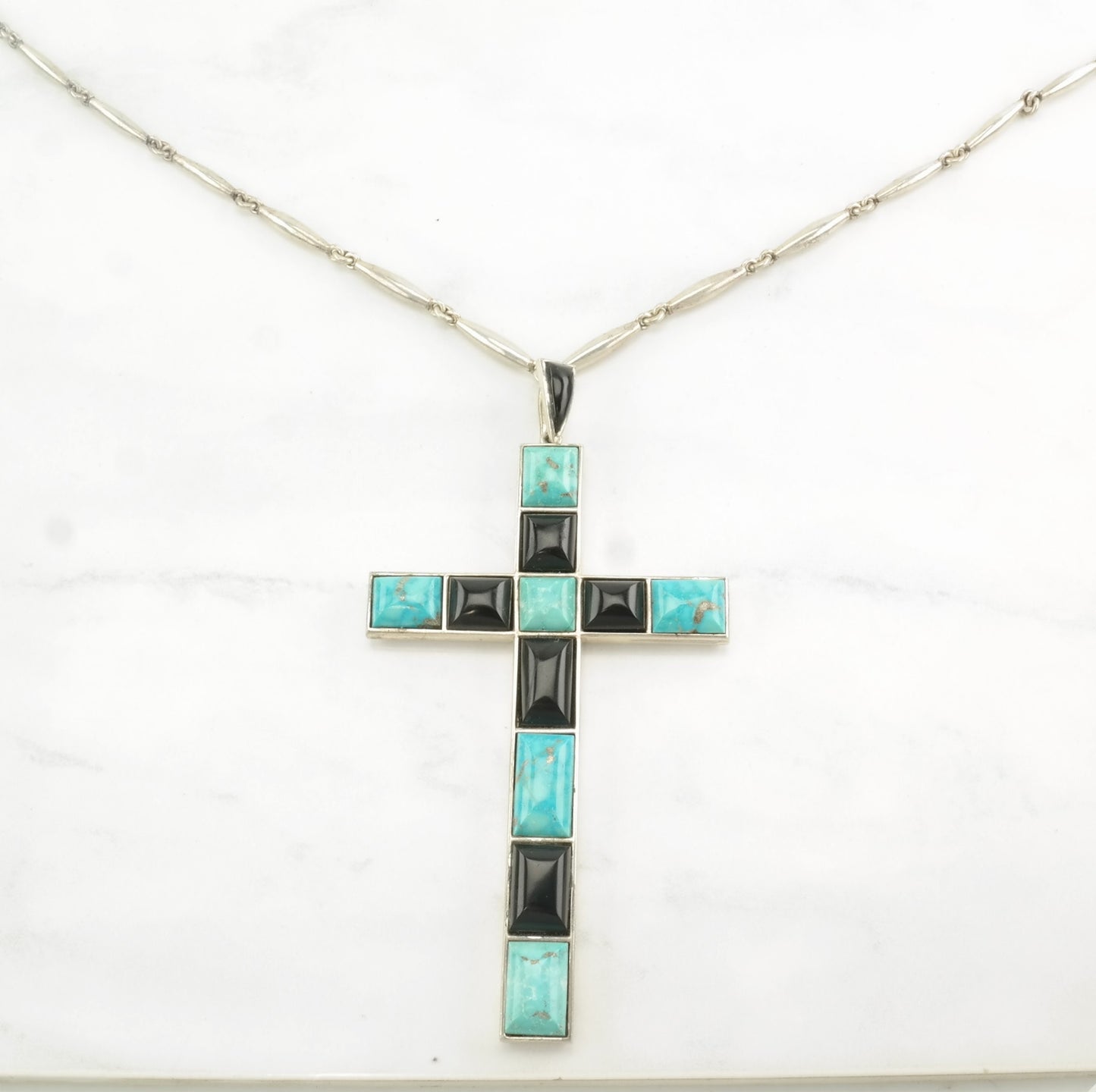 Southwest Sterling Silver Blue, Black Turquoise, Jet Cross Necklace