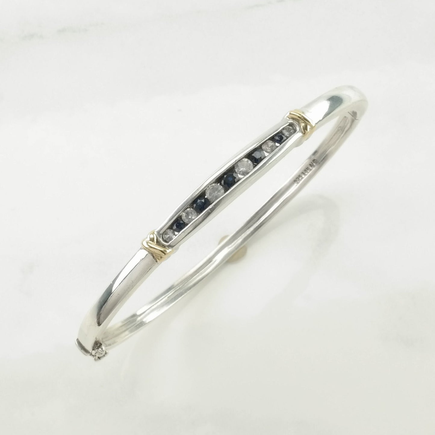 Designer Sterling Silver Bangle Bracelet Dark Blue, White Sapphire 14k Gold Accent