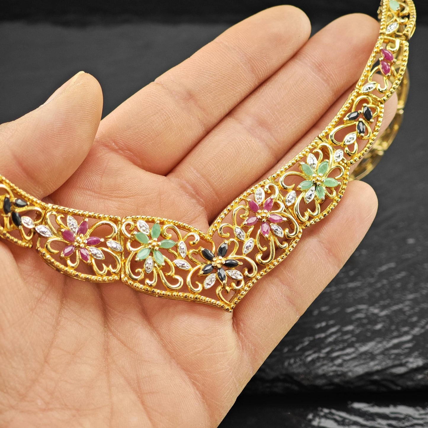 Multi-color Emerald Ruby Sapphire Floral Gold Plated Collar Necklace Sterling Silver N2657
