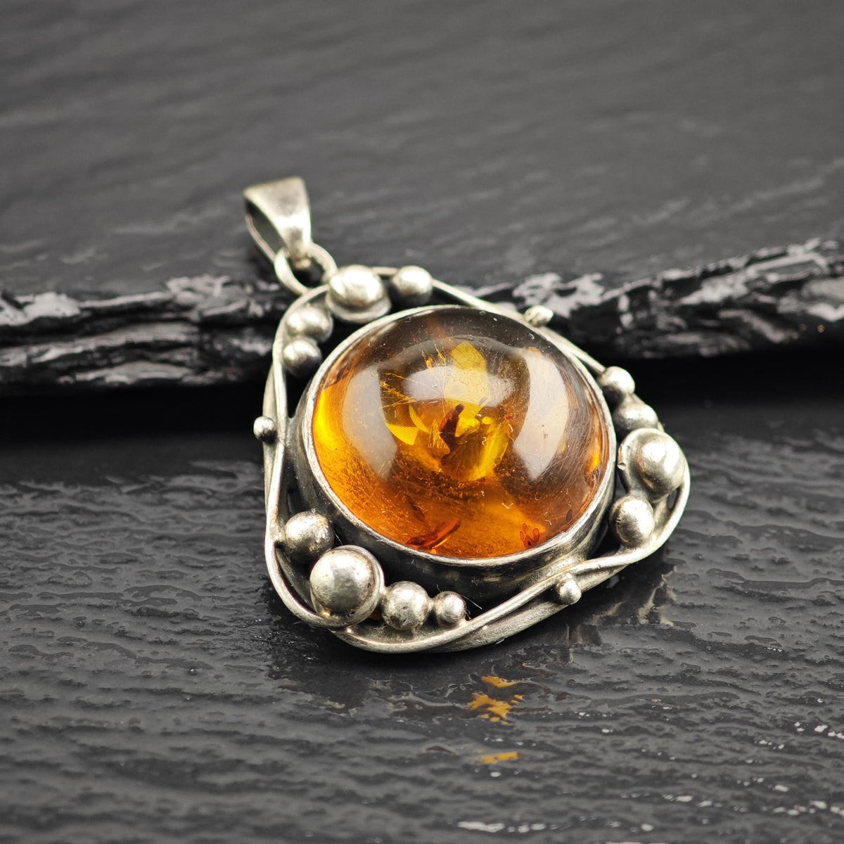 Art Nouveau Style Amber Sterling Silver Pendant P3113