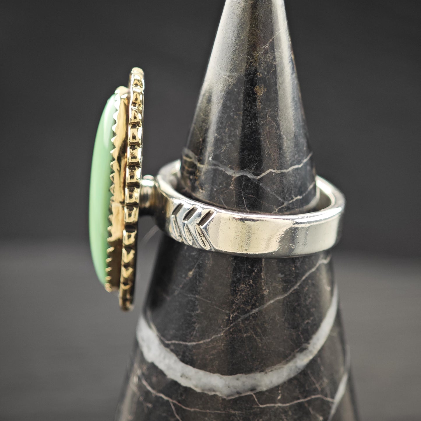 Long DTR Green Variscite Ring Sterling Silver, Brass Accent Sz 7 R5949