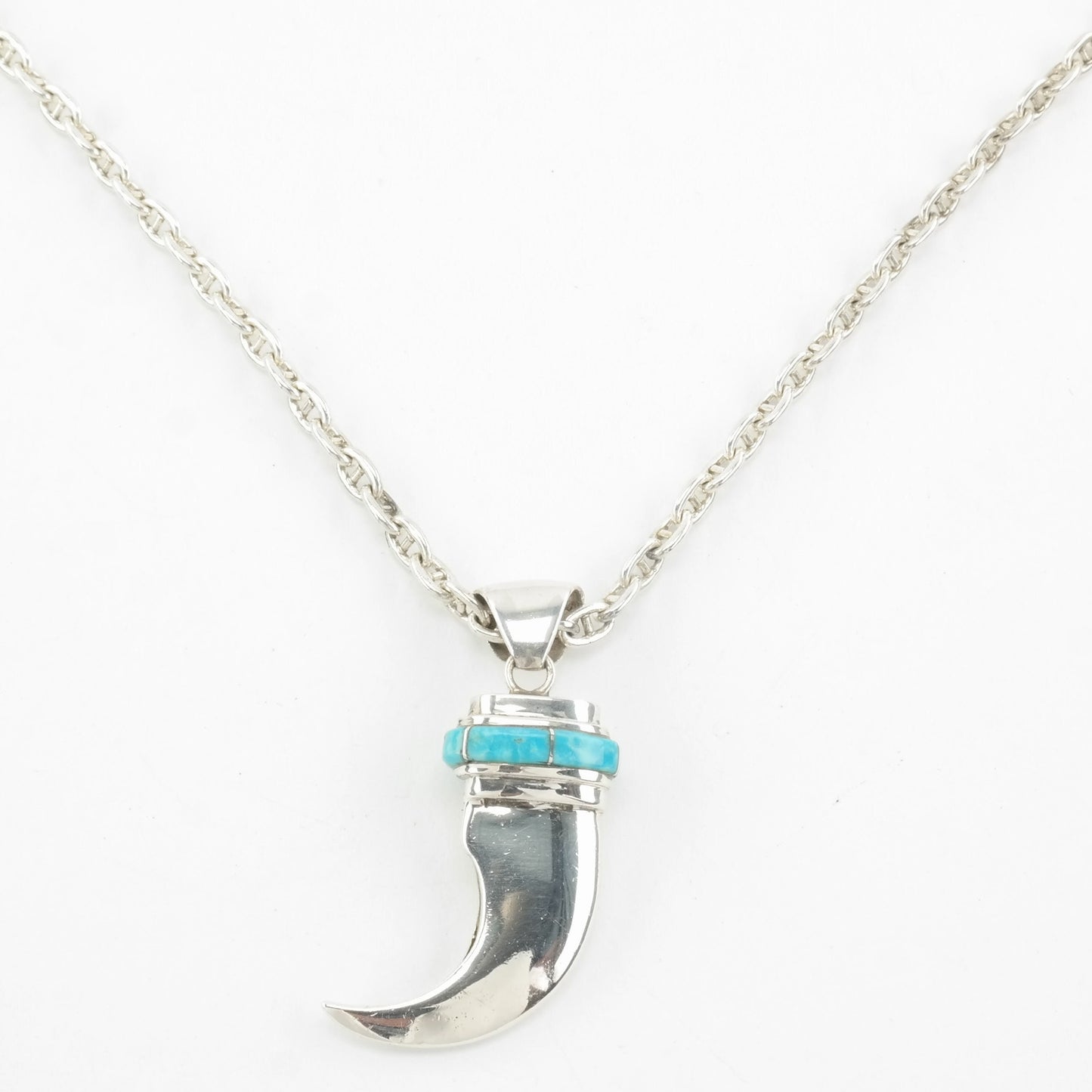 Southwest Sterling Silver Blue Turquoise Inlay Silver Faux Claw Necklace